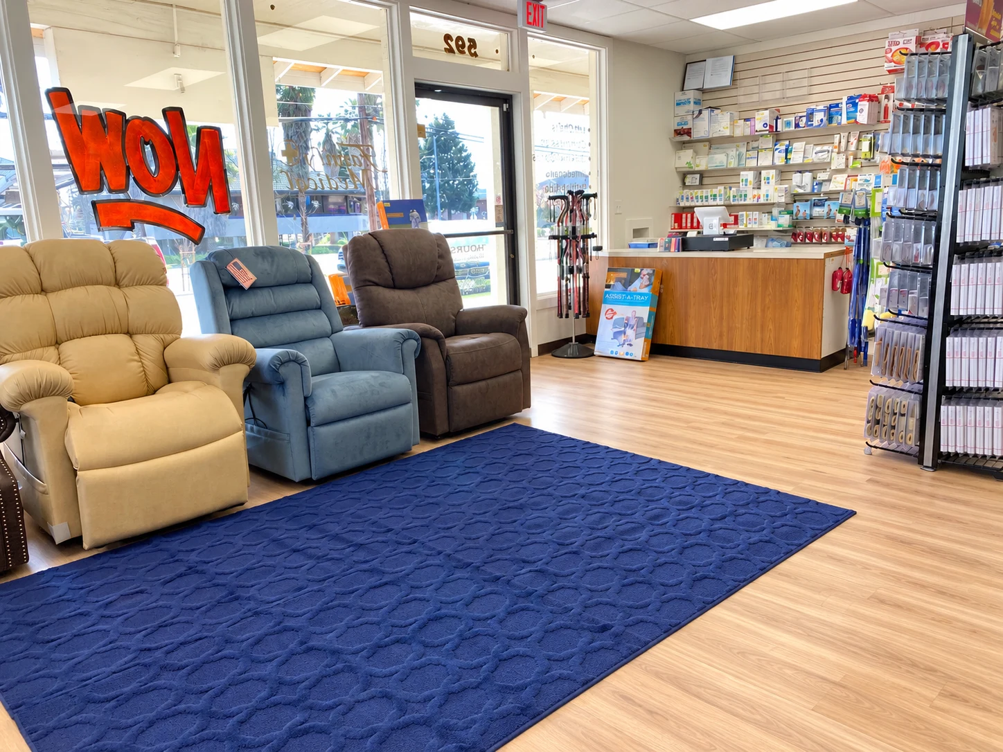 Family Medical’s Napa showroom with lift chairs, medical supplies, and the front counter