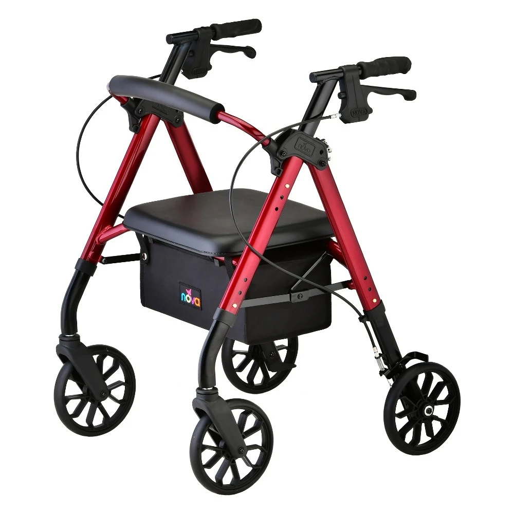 Red NOVA rollator with a seat and storage pouch