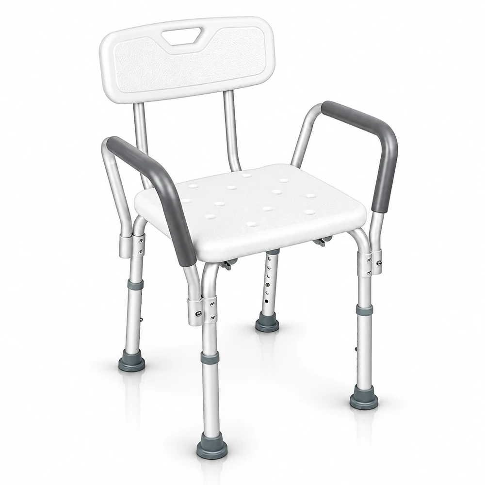 Shower chair with a backrest and armrests